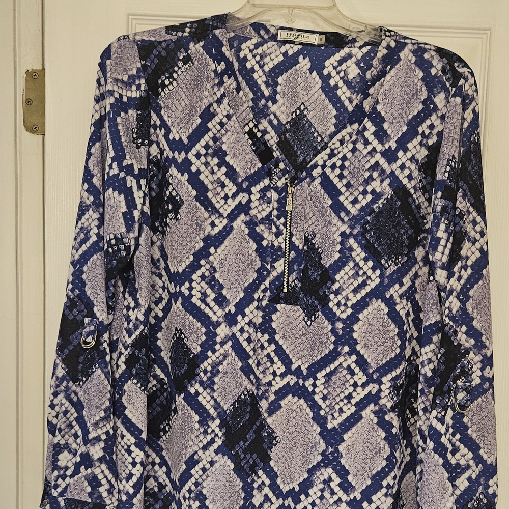 Profile Apparel Stylish Blue, Gray, And Lavender  Patterned Blouse. XL